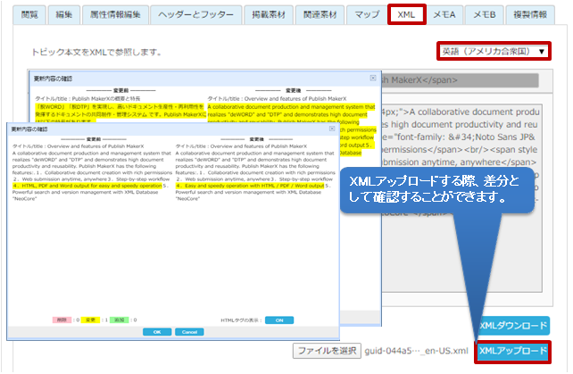 マニュアル作成システム「PMX」XMLアップロードする際、差分として確認することができます。