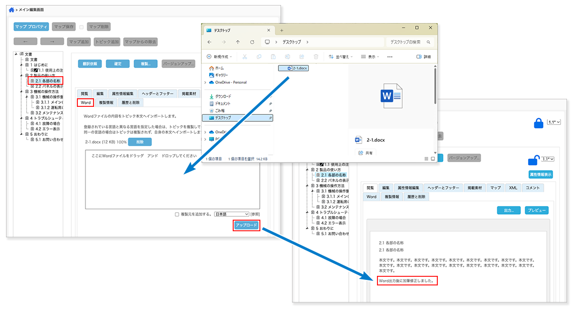 PMXのマップツリー上の一つのトピックにWordを取り込む流れのイメージ画像